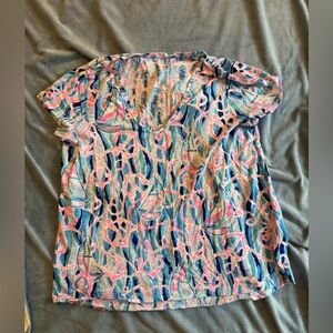 LILLY PULITZER ETTA TOP REEL NAUTI Blue Pink Anchor T-shirt Sz XXL